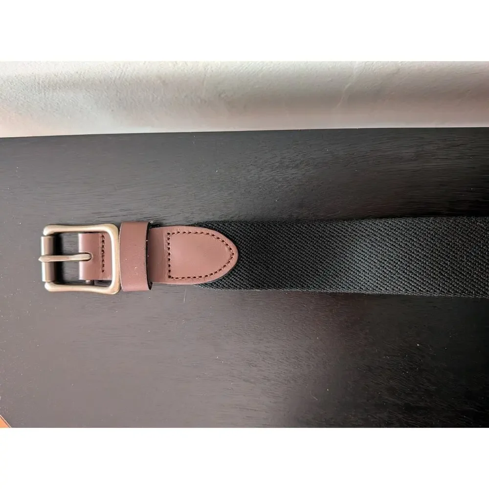 Lands' End Men's Stretch Belt Size 44 Black Elastic Cognac Leather Buckle